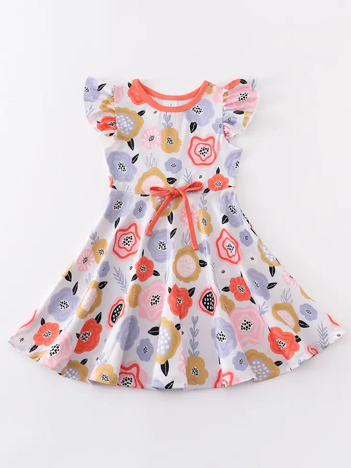 Orange Floral Print Ruffle Dress