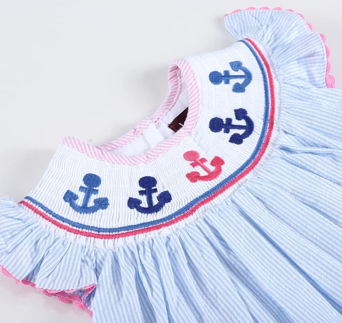 Pink + Blue Striped Smocked Baby Bishop Dress with Anchor