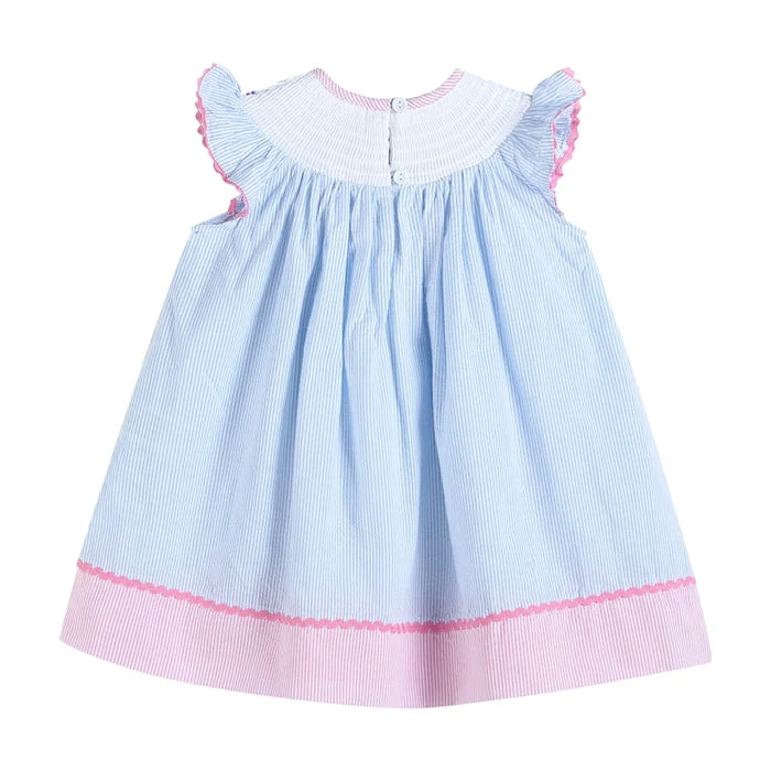 Pink + Blue Striped Smocked Baby Bishop Dress with Anchor