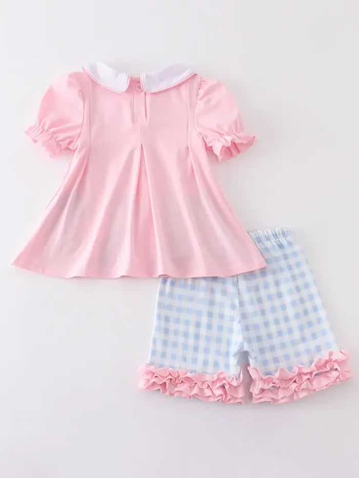 Pink Princess Embroidery Ruffle Girl Short Set