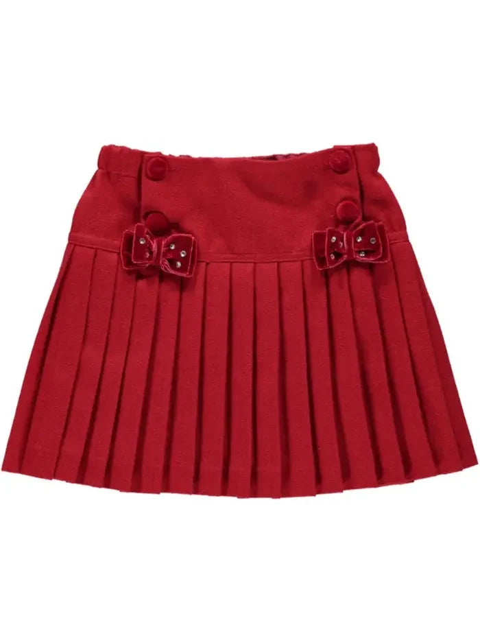 Pleated Red Skirt with Velvet Buttons and Bows