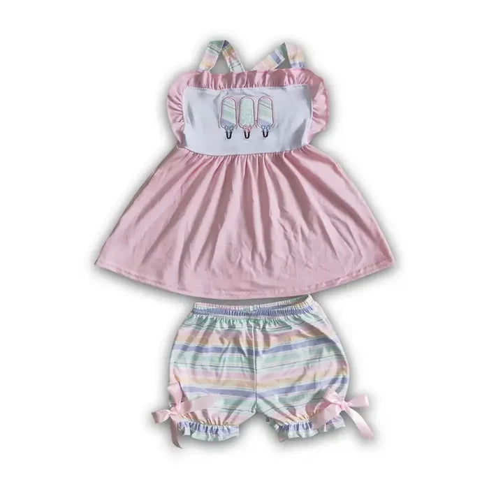 Popsicle embroidery stripe shorts girls summer clothes