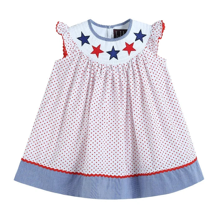 Red Polka Dot Americana Smocked Bishop Dress