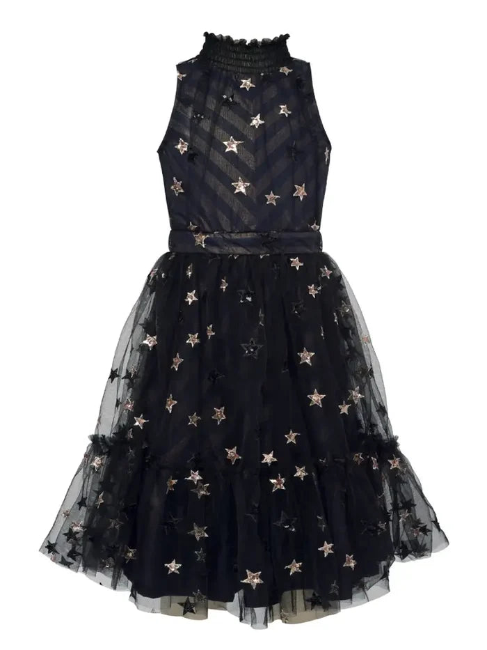 Sequin Star Mesh Overlay Halter Dress