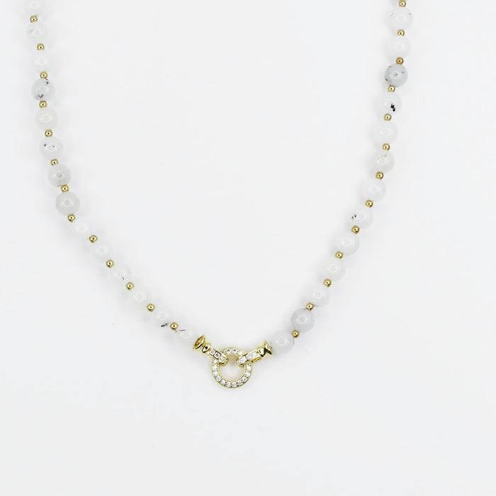 Colorful charms gold necklace featuring gemstone details, layered jewelry design, trendy accessory for women’s jewelry collections, boutique wholesale fashion necklace that is hypoallergenic, tarnish free, and waterproof jewelry with a cute aesthetic statement style