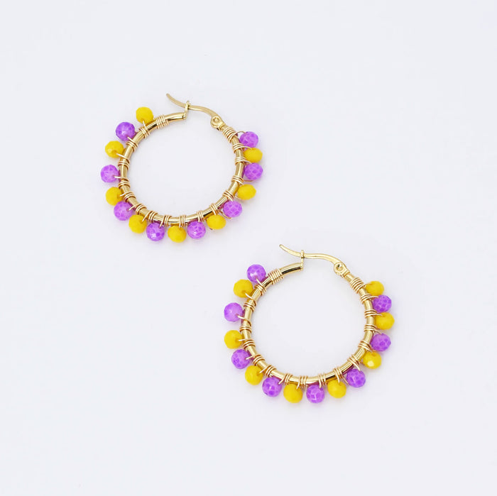 Colorful crystal statement hoop earrings with multicolor beads and sparkling stones, waterproof earrings, tarnish free jewelry, hypoallergenic earrings for sensitive skin, 24k gold dainty earrings, handcrafted gemstone earrings, gold hoop earrings, boutique wholesale earrings, trendy gold jewelry, high quality jewelry gifts