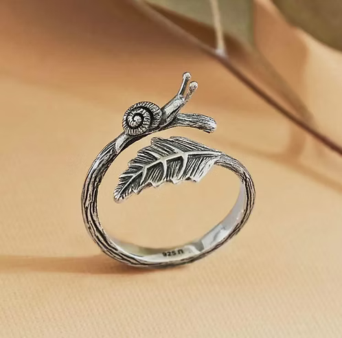 Snail + Leaf Adjustable Sterling Silver Ring