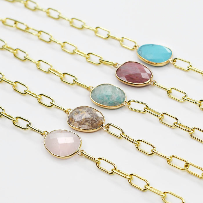 Dainty gold necklace featuring natural gemstones from rose quartz to turquoise on 18k gold plated link chain, waterproof, hypoallergenic and tarnish-free, elegant and versatile accessory for women’s boutique jewelry