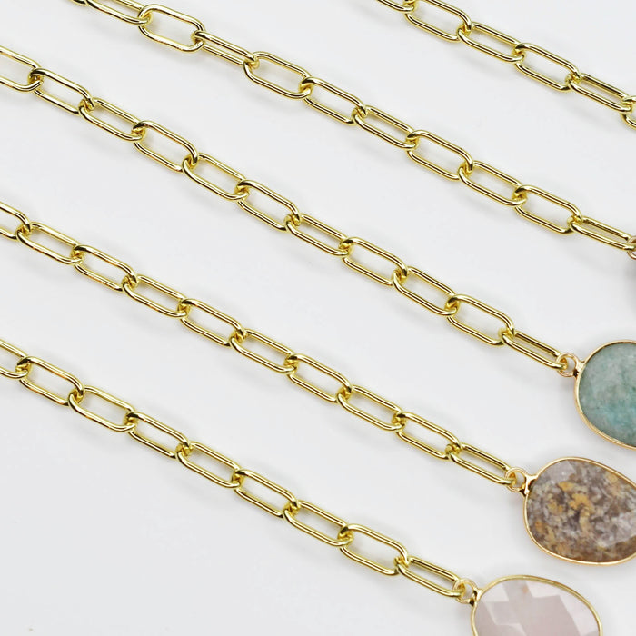 Dainty gold necklace featuring natural gemstones from rose quartz to turquoise on 18k gold plated link chain, waterproof, hypoallergenic and tarnish-free, elegant and versatile accessory for women’s boutique jewelry