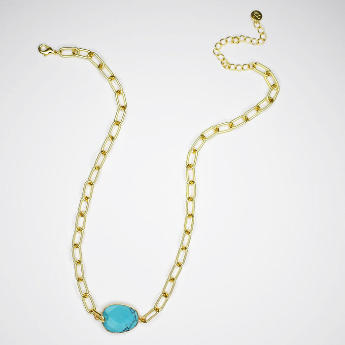 Dainty gold necklace featuring natural gemstones from rose quartz to turquoise on 18k gold plated link chain, waterproof, hypoallergenic and tarnish-free, elegant and versatile accessory for women’s boutique jewelry