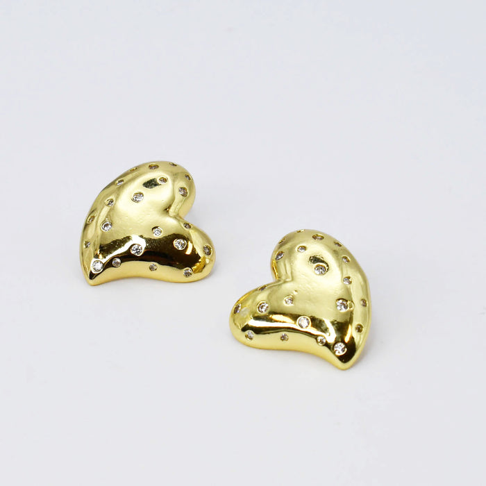 puffed metallic hearts with scattered crystal accents, glossy gold finish ideal for storefront collections, chic romantic accessory for retailers, hypoallergenic wholesale boutique earrings, waterproof tarnish free jewelry detail for fashion inventory