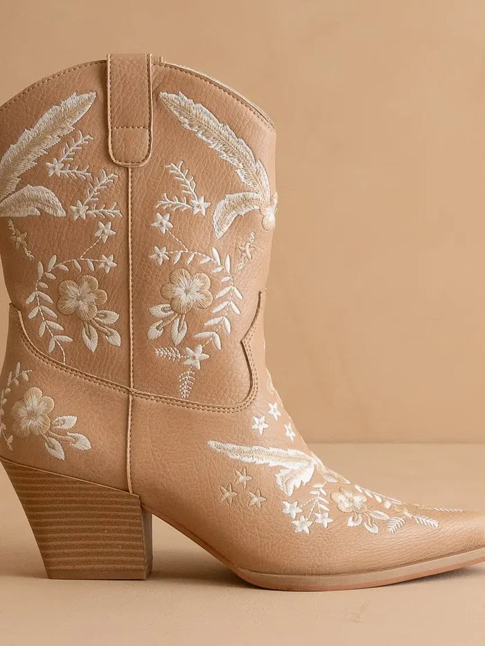 The Bailey | Apricot Embroidered Cowboy Bootie