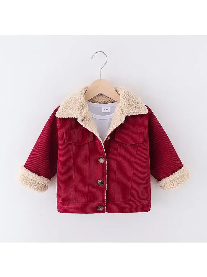 Toddler Girlboy Lapel Collar Button Design Fleece Lined Coat