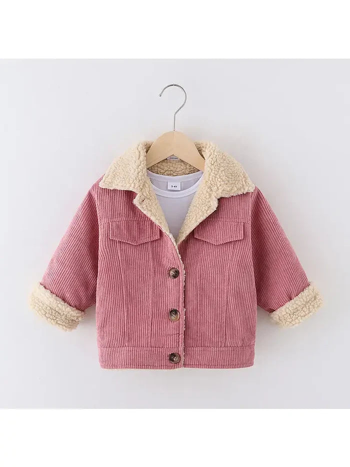 Toddler Girlboy Lapel Collar Button Design Fleece Lined Coat