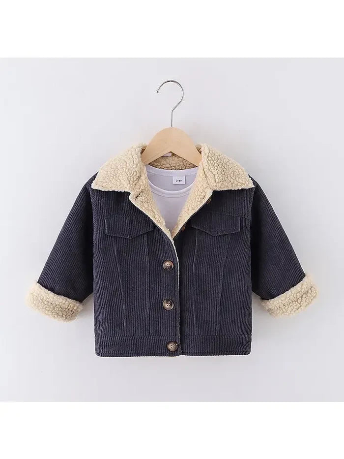 Toddler Girlboy Lapel Collar Button Design Fleece Lined Coat