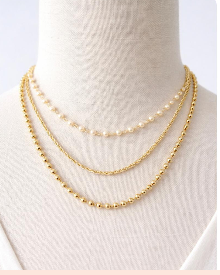 Triple Layer Choker Necklace with Pearls and Gold Chain