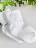 White Baby Baptism or Christening Dress Socks with Cross