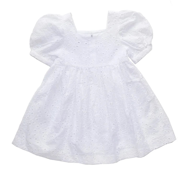 White Embroidered Eyelet Square Neck Puff-Sleeve A-Line Dress - Toddler & Girls